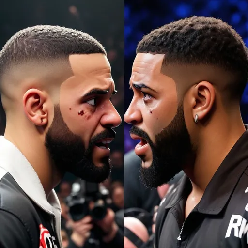 Prompt: Make an image of facing Drake Kendrick make Kendrick look like he is smiling. Make Drake look like he is crying  they face each other face to face   Make it a side by side profile. The picture shows Drake crying. They are not friends. Kendrick looks intimidated and Drake looks afraid. Drake has tears coming from his eyes and in his face. Drake is crying. They are about to have a fight.  They are in an mma fighting ring cage. There’s a referee between them. Make the referee look like Samuel jackson