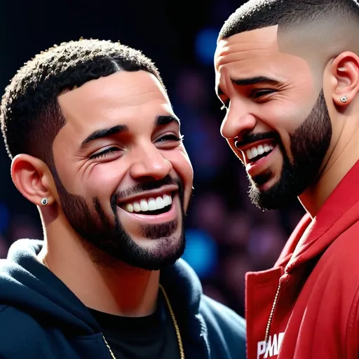 Prompt: Make an image of facing Drake Kendrick make Kendrick look like he is smiling. Make Drake look like he is crying  they face each other face to face 