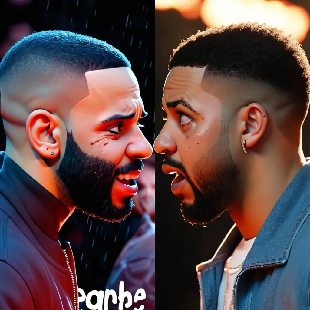 Prompt: Make an image of facing Drake Kendrick make Kendrick look like he is smiling. Make Drake look like he is crying  they face each other face to face   Make it a side by side profile. The picture shows Drake crying. They are not friends. Kendrick looks intimidated and Drake looks afraid
