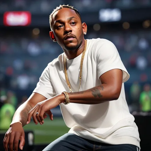 Prompt: make a realistic portrait natural lighting of Kendrick Lamar make it less realistic and make the background similar to the Super Bowl  give it a background of the Super Bowl