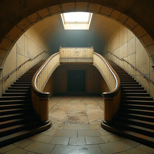 Prompt: An abandoned underground subway lobby that was originally created in the art deco style. it has a large square space that is at the bottom of a large stairway coming from the surface which has a landing like an art deco balcony where there becomes two separate rounded stair cases that comes from each side of the landing  the two staircases are curved. At the bottom of the staircases is a large two story square opening with the second level being a wide balcony that overlooks the first floor.  Make the space much larger. Zoom out to show a very large space with many unique art deco style influences in the architecture. The stairs need to be more curved and the view from a higher perspective 