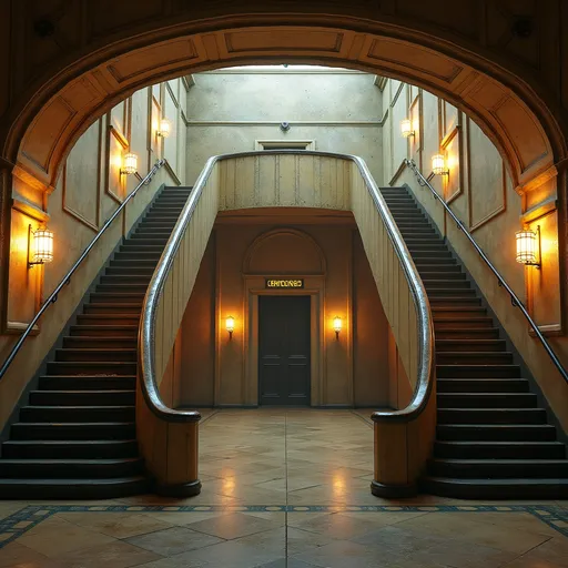 Prompt: An abandoned underground subway lobby that was originally created in the art deco style. it has a large square space that is at the bottom of a large stairway coming from the surface which has a landing like an art deco balcony where there becomes two separate rounded stair cases that comes from each side of the landing  the two staircases are curved. At the bottom of the staircases is a large two story square opening with the second level being a wide balcony that overlooks the first floor.  Make the space much larger. Zoom out to show a very large space with many unique art deco style influences in the architecture. The stairs need to be more curved and the view from a higher perspective. Add art deco influences everywhere rectory the space while keeping the art deco aesthetic and create a nightclub. The club will be a venue for electronic music add a large glass discoball. Make a darker club atmosphere and use a lot of audio and video components. Add laser lighting. Make this a dance club for techno music. Add a bar in the art deco style, large music speakers hanging from the ceiling. Add a large DJ booth that is on a raised podium.  Make the scene darker but add night life stage lighting.add a dance floor with many people dancing facing the DJ booth and led video screens. Add large music speakers and a dj. Darken the natural lighting and replace it with colored laser lighting effects. Many colorful lights coming from the disco ball. Repurpose this space to become a dance club. Have many different colors of laser lights reflecting from the disconall. Make the space extremely dim lit with the only light coming from the disco ball. Turn off all the lights making the space very dark. Almost completely dark. Much much darkly lit