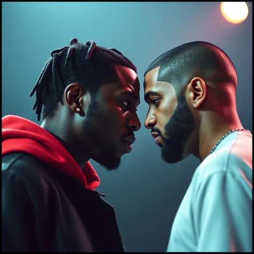Prompt: Create an image that looks like Kendrick Lamar facing drake from the side facing each other closely. Make Kendrick Lamar look smutand make Drake look afraid