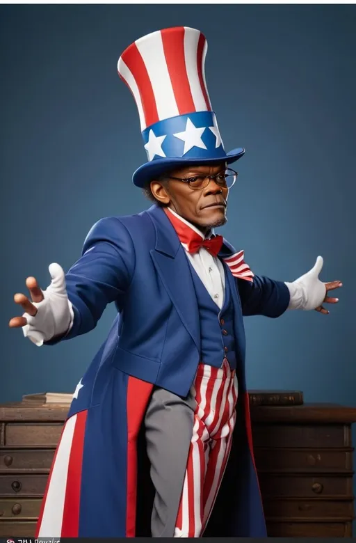 Prompt: Make an image of Samuel jackson wearing a Uncle Sam suit and top hat 