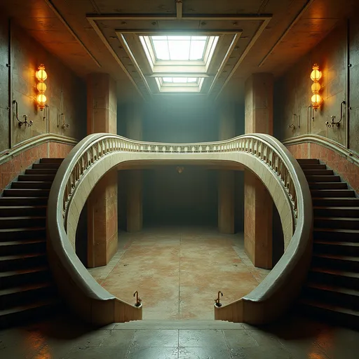 Prompt: An abandoned underground subway lobby that was originally created in the art deco style. it has a large square space that is at the bottom of a large stairway coming from the surface which has a landing like an art deco balcony where there becomes two separate rounded stair cases that comes from each side of the landing  the two staircases are curved. At the bottom of the staircases is a large two story square opening with the second level being a wide balcony that overlooks the first floor.  Make the space much larger. Zoom out to show a very large space with many unique art deco style influences in the architecture. The stairs need to be more curved and the view from a higher perspective. Add art deco influences everywhere rectory the space while keeping the art deco aesthetic and create a nightclub. The club will be a venue for electronic music add a large glass discoball. Make a darker club atmosphere and use a lot of audio and video components. Add laser lighting. Make this a dance club for techno music. Add a bar in the art deco style, large music speakers hanging from the ceiling. Add a large DJ booth that is on a raised podium.  Make the scene darker but add night life stage lighting.add a dance floor with many people dancing facing the DJ booth and led video screens. Add large music speakers and a dj