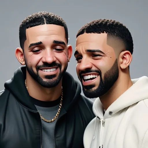 Prompt: Make an image of facing Drake Kendrick make Kendrick look like he is smiling. Make Drake look like he is crying  they face each other face to face   Make it a side by side profile. The picture shows Drake crying. They are not friends. Kendrick looks intimidated and Drake looks afraid