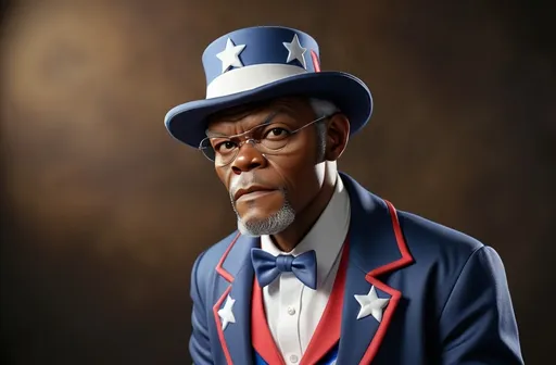 Prompt: Make an image of Samuel jackson wearing a Uncle Sam suit and top hat 