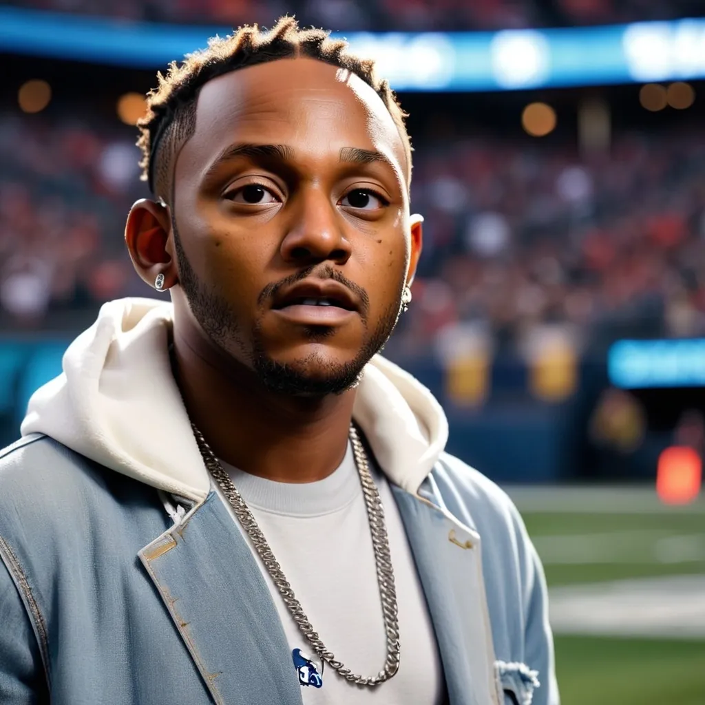 Prompt: make a realistic portrait natural lighting of Kendrick Lamar make it less realistic and make the background similar to the Super Bowl  give it a background of the Super Bowl