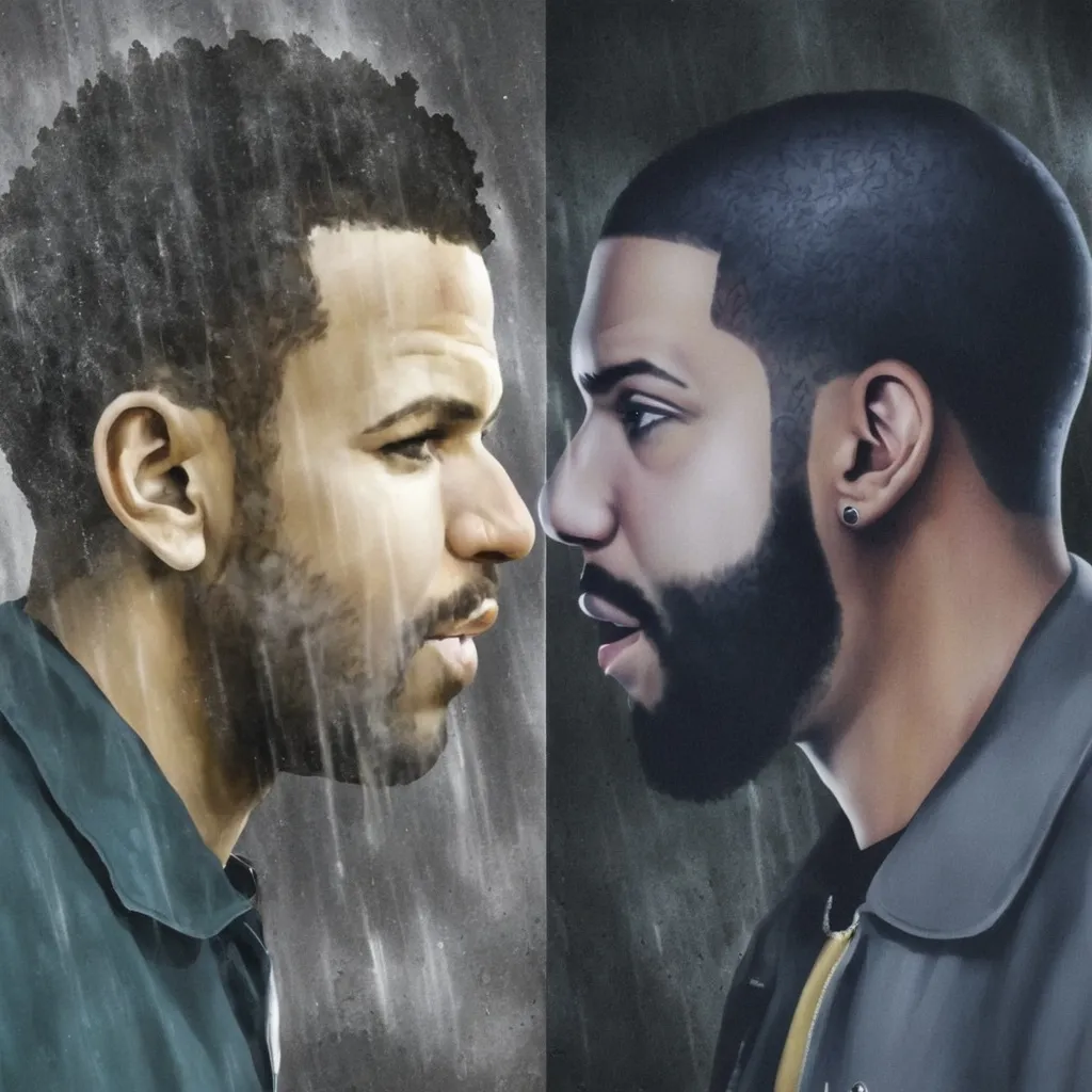 Prompt: Create an image that looks like Kendrick Lamar facing drake