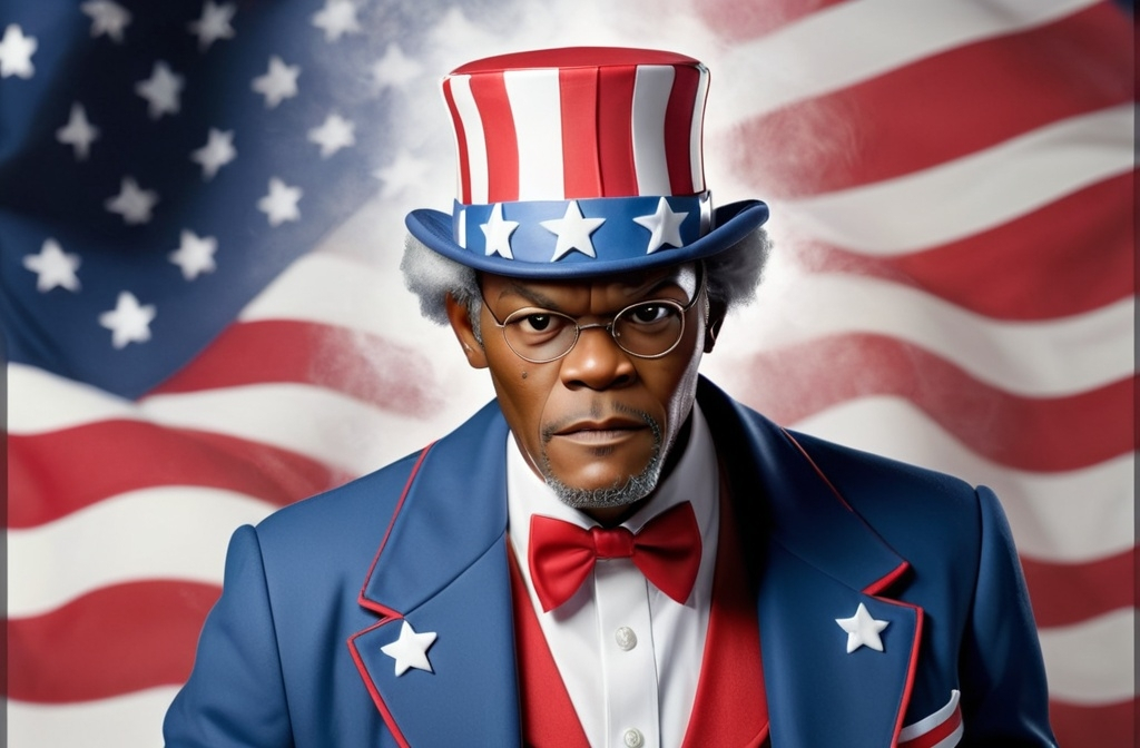 Prompt: Make an image of Samuel jackson wearing a Uncle Sam suit and top hat 