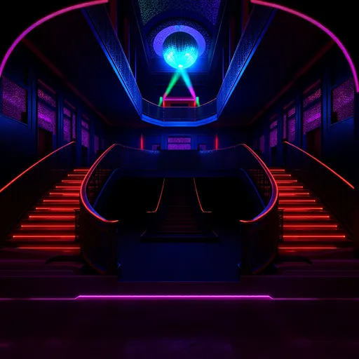 Prompt: Restore this space but keep art deco styles add a techno music DJ playing music on turn tables add club led lighting zoom out showing more space add a disco ball hanging from the ceiling with colored laser lights pointing to it creating colorful reflective light