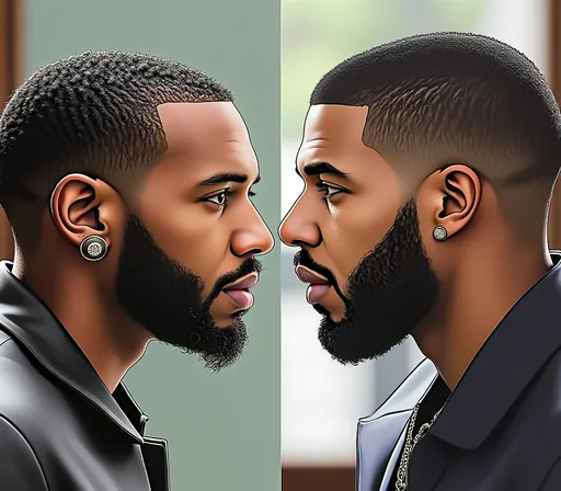 Prompt: Create an image that looks like Kendrick Lamar facing drake from the side facing each other closely. Make Kendrick Lamar look smutand make Drake look afraid
