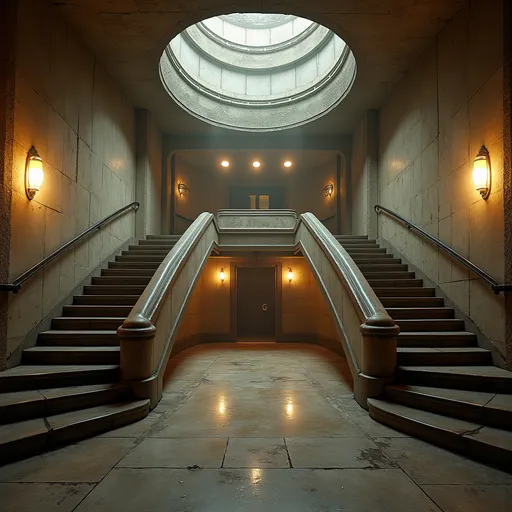 Prompt: An abandoned underground subway lobby that was originally created in the art deco style. it has a large square space that is at the bottom of a large stairway coming from the surface which has a landing like an art deco balcony where there becomes two separate rounded stair cases that comes from each side of the landing  the two staircases are curved. At the bottom of the staircases is a large two story square opening with the second level being a wide balcony that overlooks the first floor.  Make the space much larger. Zoom out to show a very large space with many unique art deco style influences in the architecture. The stairs need to be more curved and the view from a higher perspective. Add art deco influences everywhere rectory the space while keeping the art deco aesthetic and create a nightclub. The club will be a venue for electronic music add a large glass discoball. Make a darker club atmosphere and use a lot of audio and video components. Add laser lighting. Make this a dance club for techno music. Add a bar in the art deco style, large music speakers hanging from the ceiling. Add a large DJ booth that is on a raised podium.  Make the scene darker but add night life stage lighting.add a dance floor with many people dancing facing the DJ booth and led video screens. Add large music speakers and a dj. Darken the natural lighting and replace it with colored laser lighting effects. Many colorful lights coming from the disco ball. Repurpose this space to become a dance club. Have many different colors of laser lights reflecting from the disconall