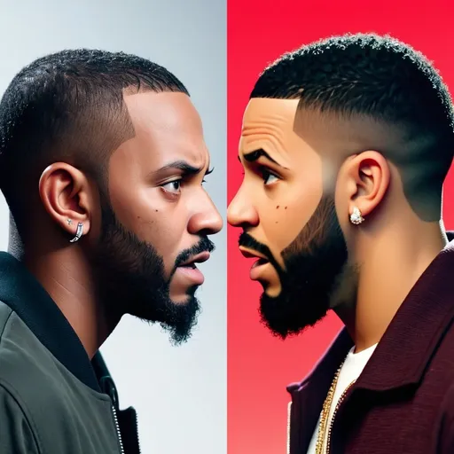 Prompt: Make a side by side image of Kendrick Lamar and drake facing each other very near each other 