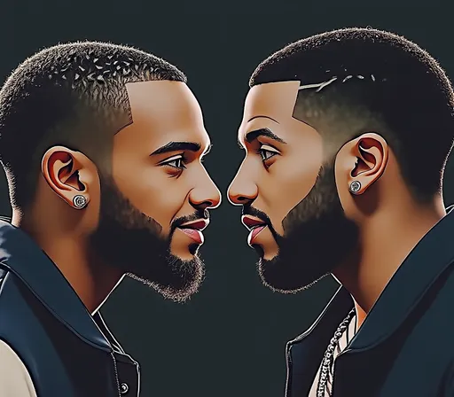 Prompt: Create an image that looks like Kendrick Lamar facing drake from the side facing each other closely. Make Kendrick Lamar look smutand make Drake look afraid