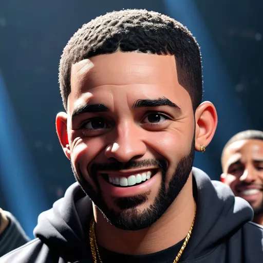 Prompt: Make an image of facing Drake Kendrick make Kendrick look like he is smiling. Make Drake look like he is crying  they face each other face to face 