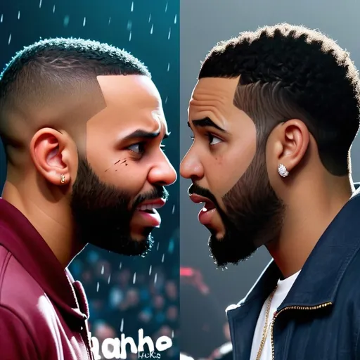 Prompt: Make a side by side image of Kendrick Lamar and drake facing each other very near each other make drake look intimated make drake look defeated and make Kendrick look confident make drake sad and Kendrick smile. Give Kendrick laugh and make a single tear drop go down drakes face. Drake hacks tears 