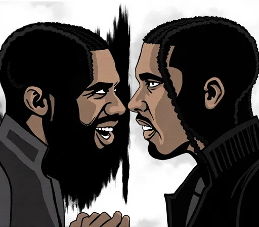 Prompt: Create an image that looks like Kendrick Lamar facing drake from the side facing each other closely. Make Kendrick Lamar look smutand make Drake look afraid