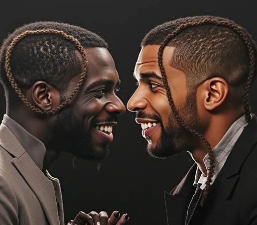 Prompt: Create an image that looks like Kendrick Lamar facing drake from the side facing each other closely. Make Kendrick Lamar look smutand make Drake look afraid