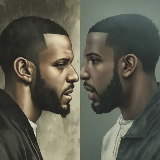 Prompt: Create an image that looks like Kendrick Lamar facing drake