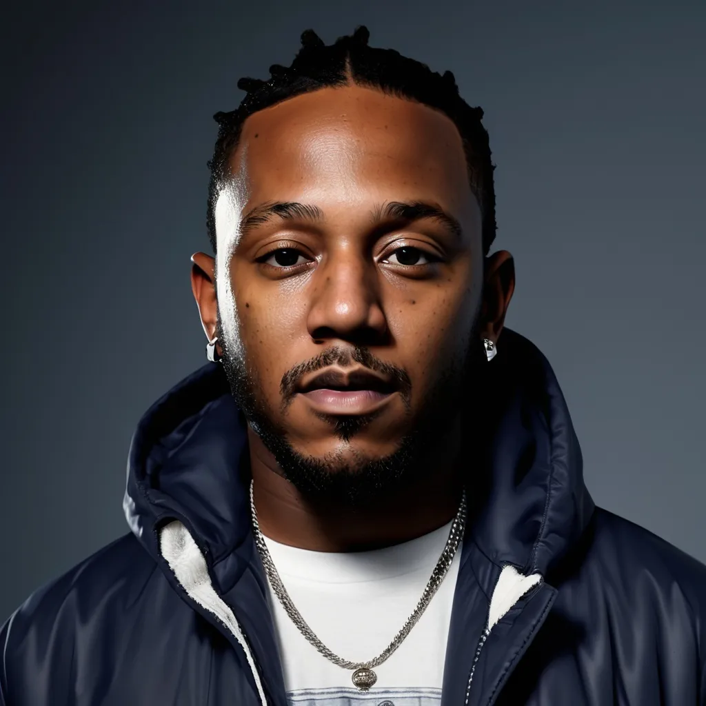 Prompt: make a realistic portrait natural lighting of Kendrick Lamar make it less realistic and make the background similar to the Super Bowl  give it a background of the Super Bowl