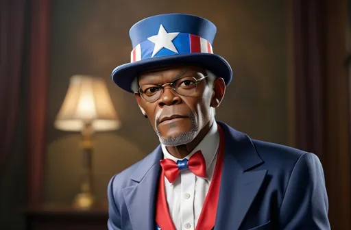 Prompt: Make an image of Samuel jackson wearing a Uncle Sam suit and top hat 