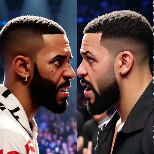Prompt: Make an image of facing Drake Kendrick make Kendrick look like he is smiling. Make Drake look like he is crying  they face each other face to face   Make it a side by side profile. The picture shows Drake crying. They are not friends. Kendrick looks intimidated and Drake looks afraid. Drake has tears coming from his eyes and in his face. Drake is crying. They are about to have a fight.  They are in an mma fighting ring cage. There’s a referee between them. Make the referee look like Samuel jackson