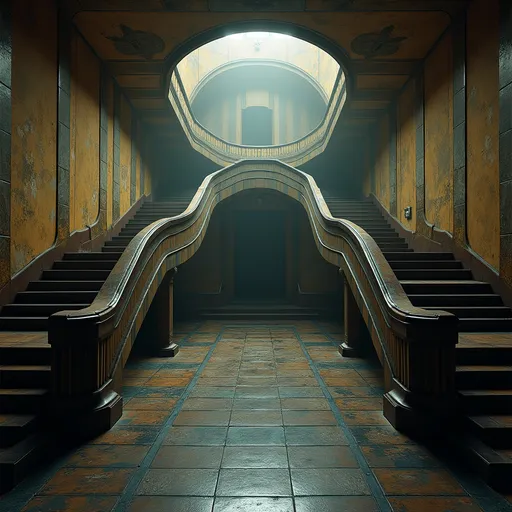 Prompt: An abandoned underground subway lobby that was originally created in the art deco style. it has a large square space that is at the bottom of a large stairway coming from the surface which has a landing like an art deco balcony where there becomes two separate rounded stair cases that comes from each side of the landing  the two staircases are curved. At the bottom of the staircases is a large two story square opening with the second level being a wide balcony that overlooks the first floor.  Make the space much larger. Zoom out to show a very large space with many unique art deco style influences in the architecture. The stairs need to be more curved and the view from a higher perspective. Add art deco influences everywhere rectory the space while keeping the art deco aesthetic and create a nightclub. The club will be a venue for electronic music add a large glass discoball. Make a darker club atmosphere and use a lot of audio and video components
