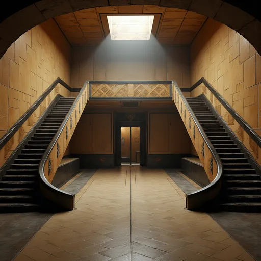 Prompt: An abandoned underground subway lobby that was originally created in the art deco style. it has a large square space that is at the bottom of a large stairway coming from the surface which has a landing like an art deco balcony where there becomes two separate rounded stair cases that comes from each side of the landing  the two staircases are curved. At the bottom of the staircases is a large two story square opening with the second level being a wide balcony that overlooks the first floor.  Make the space much larger. Zoom out to show a very large space with many unique art deco style influences in the architecture. The stairs need to be more curved and the view from a higher perspective. Add art deco influences everywhere rectory the space while keeping the art deco aesthetic and create a nightclub. The club will be a venue for electronic music add a large glass discoball. Make a darker club atmosphere and use a lot of audio and video components. Add laser lighting. Make this a dance club for techno music. Add a bar in the art deco style, large music speakers hanging from the ceiling. Add a large DJ booth that is on a raised podium.  Make the scene darker but add night life stage lighting.add a dance floor with many people dancing facing the DJ booth and led video screens. Add large music speakers and a dj. Darken the natural lighting and replace it with colored laser lighting effects. Many colorful lights coming from the disco ball. Repurpose this space to become a dance club. Have many different colors of laser lights reflecting from the disconall. Make the space extremely dim lit with the only light coming from the disco ball. Turn off all the lights making the space very dark. Almost completely dark. Much much darkly lit. Almost no light with very shadowy lighting