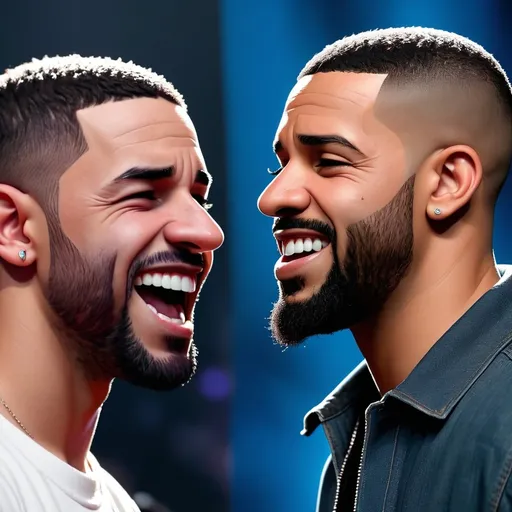 Prompt: Make an image of facing Drake Kendrick make Kendrick look like he is smiling. Make Drake look like he is crying  they face each other face to face   Make it a side by side profile