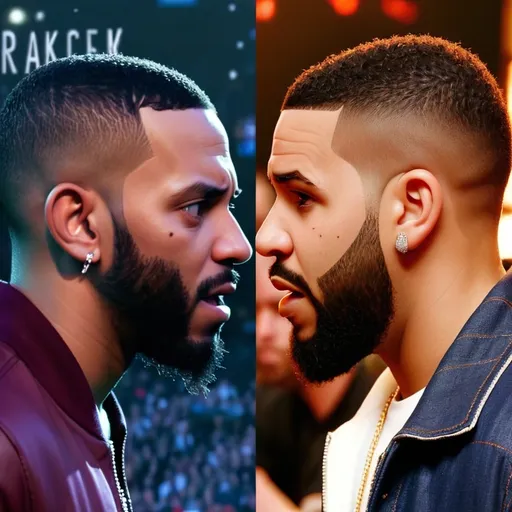 Prompt: Make a side by side image of Kendrick Lamar and drake facing each other very near each other make drake look intimated 