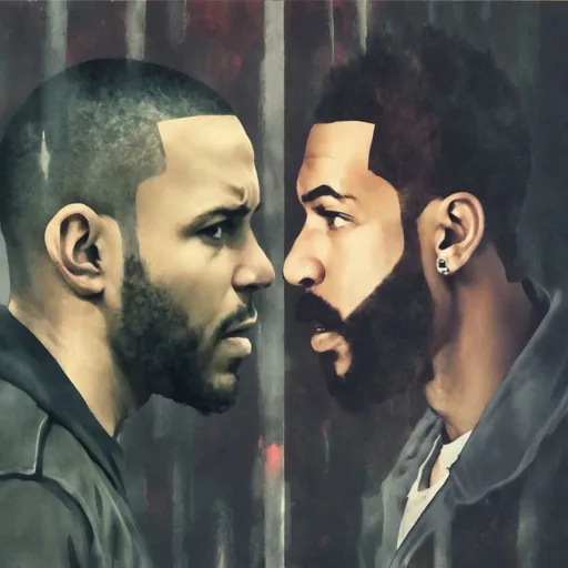 Prompt: Create an image that looks like Kendrick Lamar facing drake