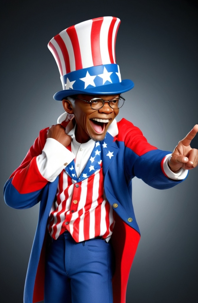 Prompt: Make an image of Samuel jackson wearing a Uncle Sam suit and top hat 