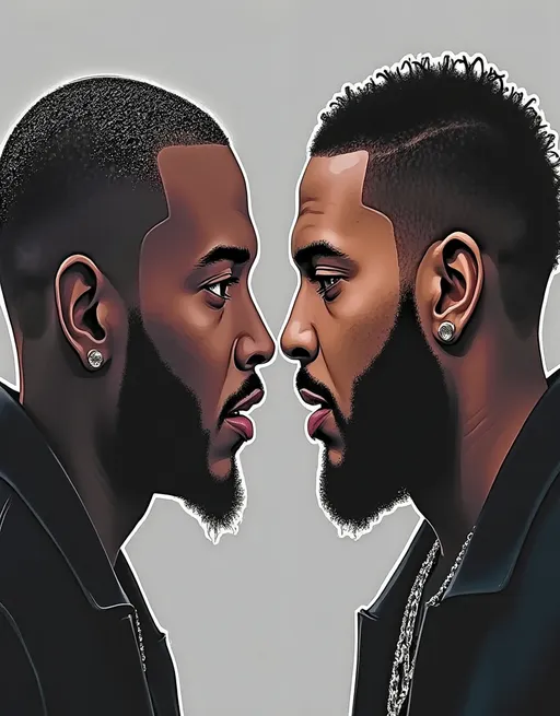 Prompt: Create an image that looks like Kendrick Lamar facing drake from the side facing each other closely. Make Kendrick Lamar look smutand make Drake look afraid