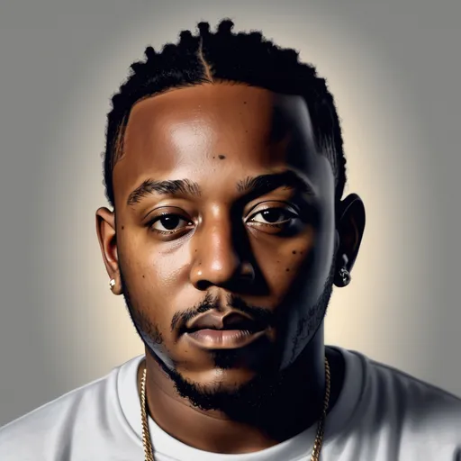 Prompt: make a realistic portrait natural lighting of Kendrick Lamar make it less realistic and make the background similar to the Super Bowl 