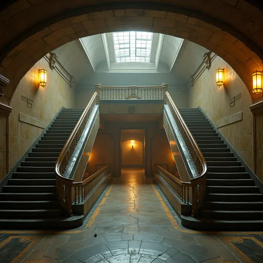 Prompt: An abandoned underground subway lobby that was originally created in the art deco style. it has a large square space that is at the bottom of a large stairway coming from the surface which has a landing like an art deco balcony where there becomes two separate rounded stair cases that comes from each side of the landing  the two staircases are curved. At the bottom of the staircases is a large two story square opening with the second level being a wide balcony that overlooks the first floor.  Make the space much larger. Zoom out to show a very large space with many unique art deco style influences in the architecture. The stairs need to be more curved and the view from a higher perspective. Add art deco influences everywhere rectory the space while keeping the art deco aesthetic and create a nightclub. The club will be a venue for electronic music add a large glass discoball. Make a darker club atmosphere and use a lot of state of the art audio and video aspects
