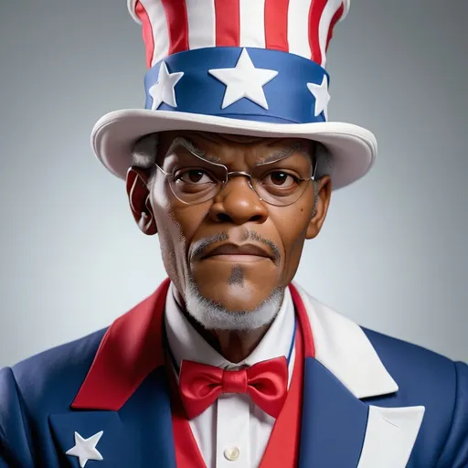 Prompt: Make an image of Samuel jackson wearing a Uncle Sam suit and top hat 