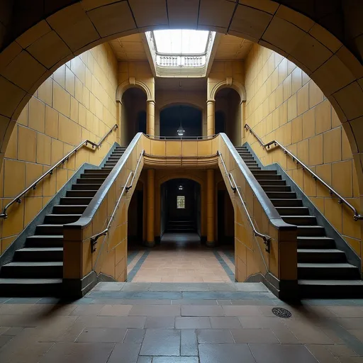 Prompt: An abandoned underground subway lobby that was originally created in the art deco style. it has a large square space that is at the bottom of a large stairway coming from the surface which has a landing like an art deco balcony where there becomes two separate rounded stair cases that comes from each side of the landing  the two staircases are curved. At the bottom of the staircases is a large two story square opening with the second level being a wide balcony that overlooks the first floor.  