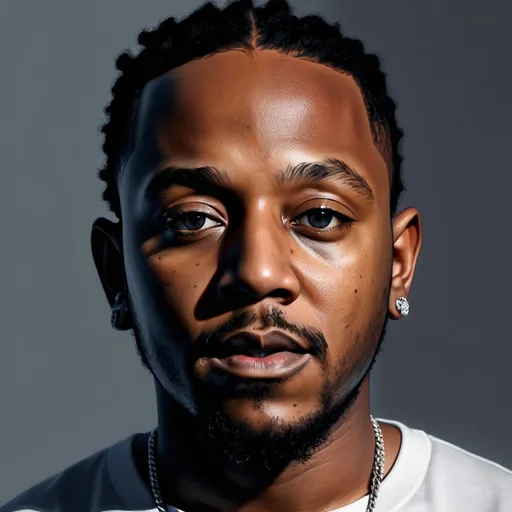 Prompt: make a realistic portrait natural lighting of Kendrick Lamar make it less realistic and make the background similar to the Super Bowl 