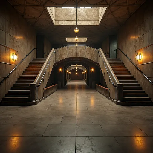 Prompt: An abandoned underground subway lobby that was originally created in the art deco style. it has a large square space that is at the bottom of a large stairway coming from the surface which has a landing like an art deco balcony where there becomes two separate rounded stair cases that comes from each side of the landing  the two staircases are curved. At the bottom of the staircases is a large two story square opening with the second level being a wide balcony that overlooks the first floor.  Make the space much larger. Zoom out to show a very large space with many unique art deco style influences in the architecture. The stairs need to be more curved and the view from a higher perspective. Add art deco influences everywhere rectory the space while keeping the art deco aesthetic and create a nightclub. The club will be a venue for electronic music add a large glass discoball. Make a darker club atmosphere and use a lot of audio and video components. Add laser lighting. Make this a dance club for techno music. Add a bar in the art deco style, large music speakers hanging from the ceiling. Add a large DJ booth that is on a raised podium.  Make the scene darker but add night life stage lighting.add a dance floor with many people dancing facing the DJ booth and led video screens. Add large music speakers and a dj