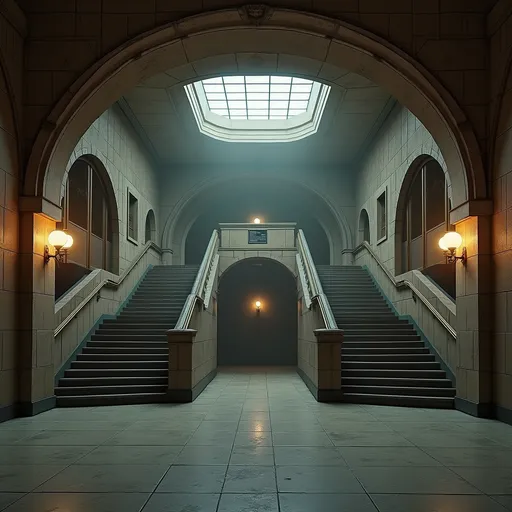 Prompt: An abandoned underground subway lobby that was originally created in the art deco style. it has a large square space that is at the bottom of a large stairway coming from the surface which has a landing like an art deco balcony where there becomes two separate rounded stair cases that comes from each side of the landing  the two staircases are curved. At the bottom of the staircases is a large two story square opening with the second level being a wide balcony that overlooks the first floor.  Make the space much larger. Zoom out to show a very large space with many unique art deco style influences in the architecture. The stairs need to be more curved and the view from a higher perspective. Add art deco influences everywhere rectory the space while keeping the art deco aesthetic and create a nightclub. The club will be a venue for electronic music add a large glass discoball. Make a darker club atmosphere and use a lot of audio and video components. Add laser lighting. Make this a dance club for techno music. Add a bar in the art deco style, large music speakers hanging from the ceiling. Add a large DJ booth that is on a raised podium.  Make the scene darker but add night life stage lighting. 