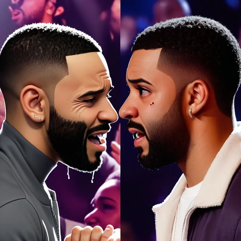 Prompt: Make an image of facing Drake Kendrick make Kendrick look like he is smiling. Make Drake look like he is crying  they face each other face to face   Make it a side by side profile. The picture shows Drake crying. They are not friends. Kendrick looks intimidated and Drake looks afraid. Drake has tears coming from his eyes and in his face. Drake is crying. They are about to have a fight. 