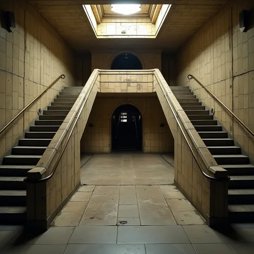 Prompt: An abandoned underground subway lobby that was originally created in the art deco style. it has a large square space that is at the bottom of a large stairway coming from the surface which has a landing like an art deco balcony where there becomes two separate rounded stair cases that comes from each side of the landing  the two staircases are curved. At the bottom of the staircases is a large two story square opening with the second level being a wide balcony that overlooks the first floor.  Make the space much larger. Zoom out to show a very large space with many unique art deco style influences in the architecture. 