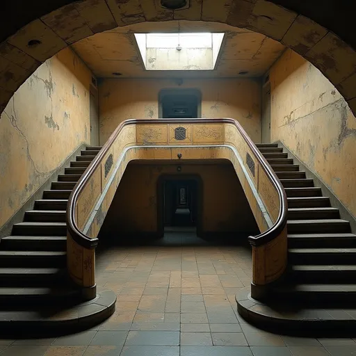 Prompt: An abandoned underground subway lobby that was originally created in the art deco style. it has a large square space that is at the bottom of a large stairway coming from the surface which has a landing like an art deco balcony where there becomes two separate rounded stair cases that comes from each side of the landing  the two staircases are curved. At the bottom of the staircases is a large two story square opening with the second level being a wide balcony that overlooks the first floor.  Make the space much larger. 