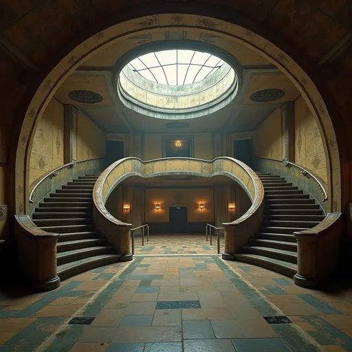 Prompt: An abandoned underground subway lobby that was originally created in the art deco style. it has a large square space that is at the bottom of a large stairway coming from the surface which has a landing like an art deco balcony where there becomes two separate rounded stair cases that comes from each side of the landing  the two staircases are curved. At the bottom of the staircases is a large two story square opening with the second level being a wide balcony that overlooks the first floor.  Make the space much larger. Zoom out to show a very large space with many unique art deco style influences in the architecture. The stairs need to be more curved and the view from a higher perspective. Add art deco influences everywhere rectory the space while keeping the art deco aesthetic and create a nightclub. The club will be a venue for electronic music add a large glass discoball. Make a darker club atmosphere and use a lot of audio and video components. Add laser lighting. Make this a dance club for techno music. Add a bar in the art deco style, large music speakers hanging from the ceiling. Add a large DJ booth that is on a raised podium.  Make the scene darker but add night life stage lighting.add a dance floor with many people dancing facing the DJ booth and led video screens. Add large music speakers and a dj. Darken the natural lighting and replace it with colored laser lighting effects. Many colorful lights coming from the disco ball. Repurpose this space to become a dance club 