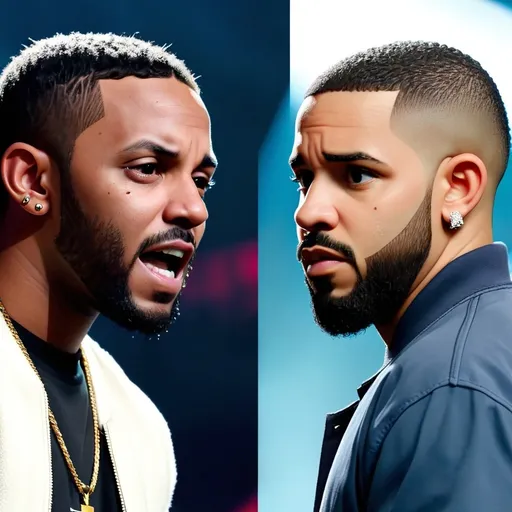 Prompt: Make a side by side image of Kendrick Lamar and drake facing each other very near each other 