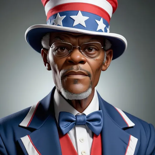 Prompt: Make an image of Samuel jackson wearing a Uncle Sam suit and top hat 