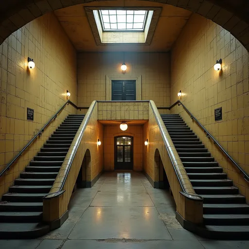 Prompt: An abandoned underground subway lobby that was originally created in the art deco style. it has a large square space that is at the bottom of a large stairway coming from the surface which has a landing like an art deco balcony where there becomes two separate rounded stair cases that comes from each side of the landing  the two staircases are curved. At the bottom of the staircases is a large two story square opening with the second level being a wide balcony that overlooks the first floor.  Make the space much larger. Zoom out to show a very large space with many unique art deco style influences in the architecture. The stairs need to be more curved and the view from a higher perspective. Add art deco influences everywhere 