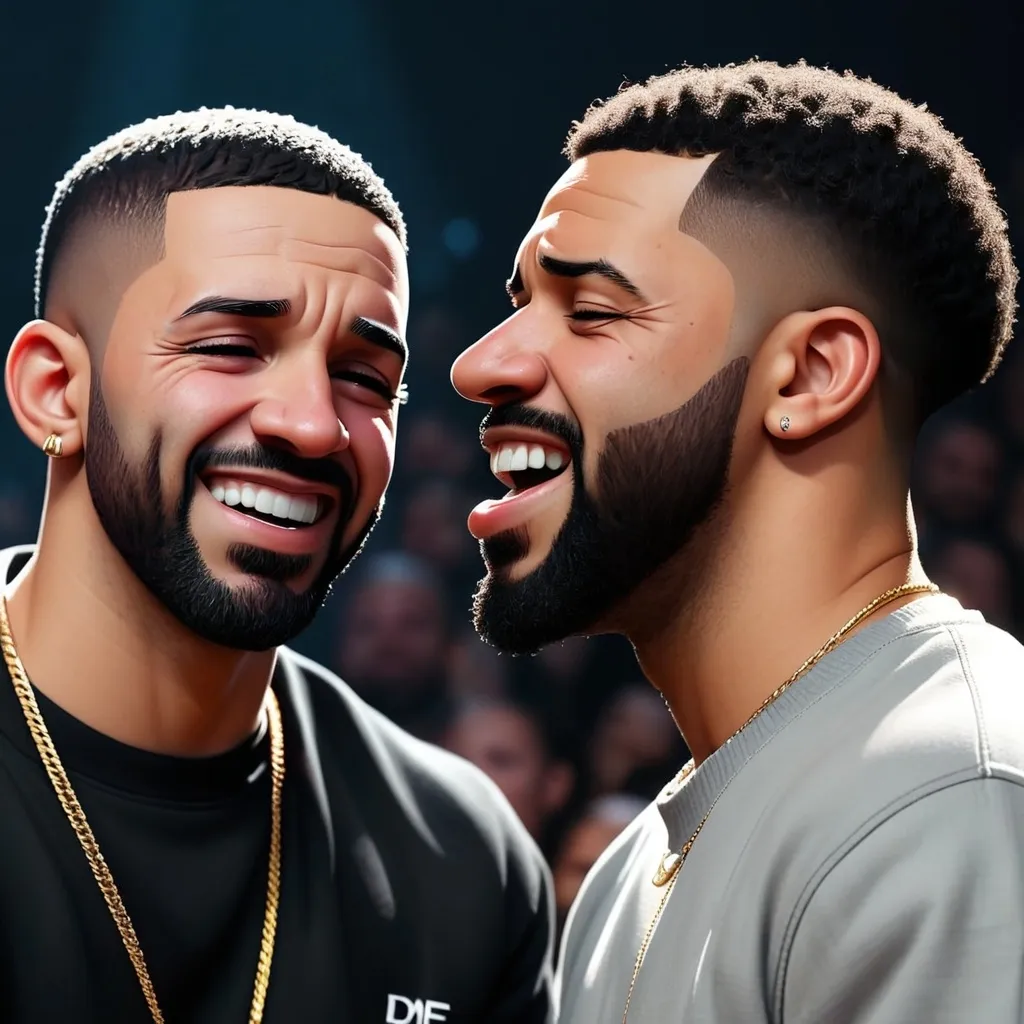 Prompt: Make an image of facing Drake Kendrick make Kendrick look like he is smiling. Make Drake look like he is crying  they face each other face to face   Make it a side by side profile. The picture shows Drake crying