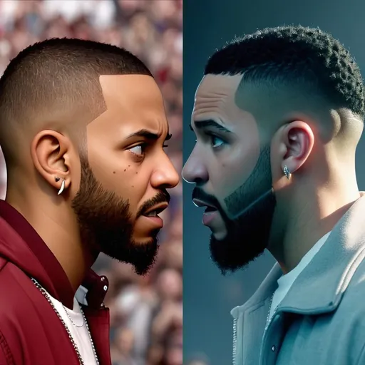 Prompt: Make a side by side image of Kendrick Lamar and drake facing each other very near each other make drake look intimated 